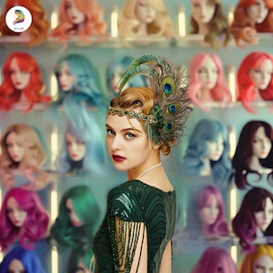 May include: A woman wearing a green beaded dress and a gold headband with peacock feathers. The background features a display of mannequin heads with various colored wigs, including red, blue, and pink.
