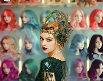 Peacock Feather Flapper Headband, 1920s Gatsby Hair Accessory, Sequin Showgirl Headpiece, Vintage Art Deco Hairpiece for Women