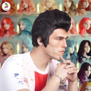 50s 60s Rocker Style Wig, Black Short Wig for Men, Cosplay Costume Wig, Retro Men&#39;s Wig, Rockabilly Wig, Vintage Wig, Costume Wig for Men