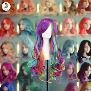 Long Rainbow Wig with Bangs for Women – Colorful Curly Synthetic Wig for Pride, Cosplay, Costume, Party & Festival Looks Fancy Dress