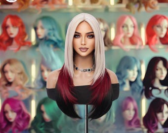 Peluca sintética larga y lisa en rubio platino, burdeos y negro ombré. Peluca de aspecto natural, resistente al calor, ideal para uso diario, cosplay o fiesta.