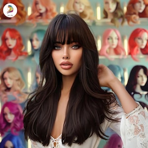 Peut inclure: Une femme avec de longs cheveux bruns foncés et une frange, portant un haut en dentelle blanche. Elle se tient devant un mur avec de nombreuses perruques colorées.