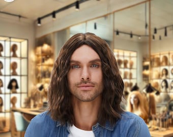 Peluca larga marrón oscuro para hombre, con aspecto natural, sintética, cómoda y sin pegamento, elegante.