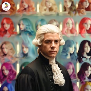 May include: A man wearing a white powdered wig and a black suit with a white ruffled collar stands in front of a wall of colorful wigs.