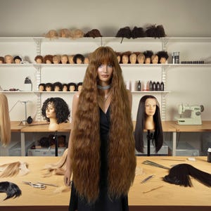 May include: A woman with long, wavy brown hair stands in front of a table with various wigs on mannequins. The table is covered in a light wood surface and has tools for styling hair, including scissors and combs.