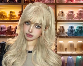 Honey Blonde Wig With Eight Figure Bangs Long Straight Highlight Brown Wigs For Women Natural Looking Layered Synthetic Wigs For Daily Use