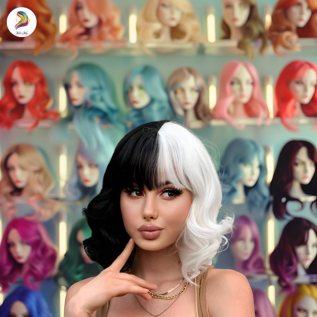 Elegant Black And White Wavy Wig With Stylish Bangs Ideal For Cosplay