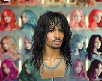 Long Black Curly Wig for Men, Synthetic Natural Look Wig, Party Costume Wig, Daily Wear Men's Wig
