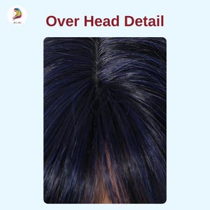 May include: Close-up of a dark blue wig with a natural-looking hairline. The hair is styled with a slight wave and shows the root area. The text "Over Head Detail" is displayed above the image.