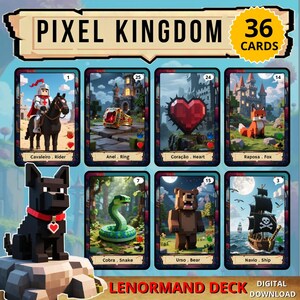 May include: A deck of 36 Pixel Kingdom cards. The cards feature pixelated illustrations of a knight on horseback, a ring, a heart, a fox, a dog, a snake, a bear, and a ship. The deck is a digital download.