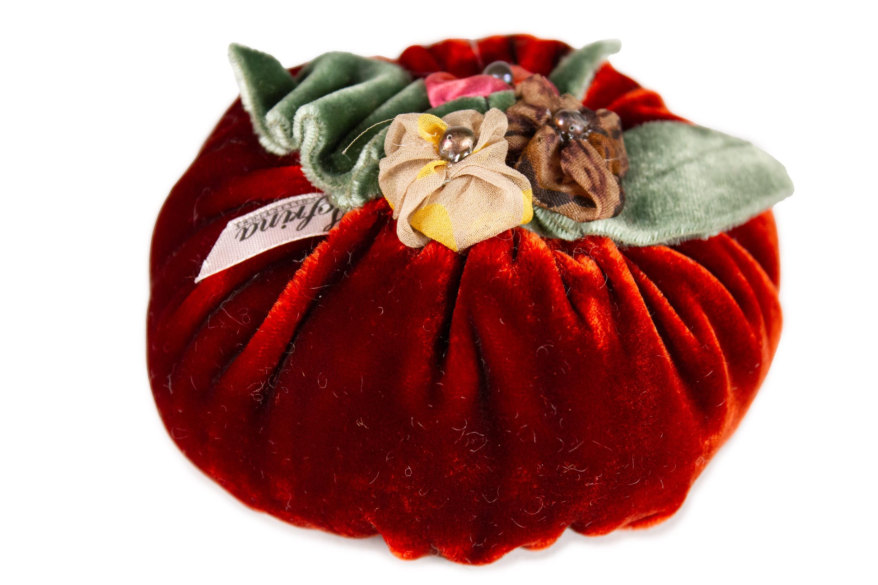 Burnt Orange Velvet Pin Cushion with Multi-Color Silk Flowers Filled with Wool Batting