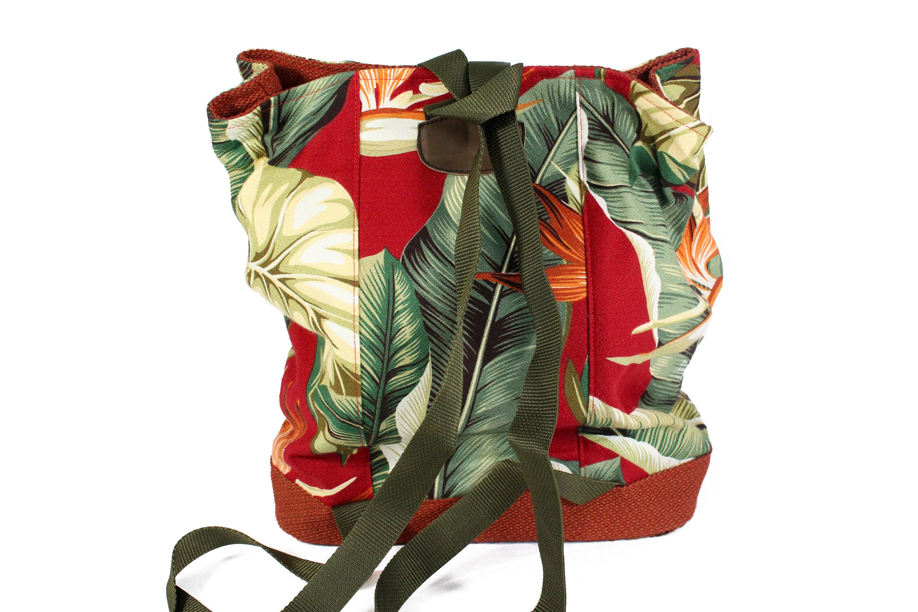 Handmade Red & Green Retro Hawaiian Bark Cloth Backpack 