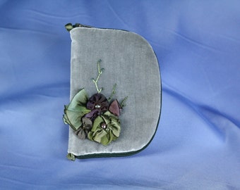 Slate Grey Velvet Jewelry/Sewing Case | Hand-Embroidered Flowers & Vines | Storage for Earrings, Pins, Needles