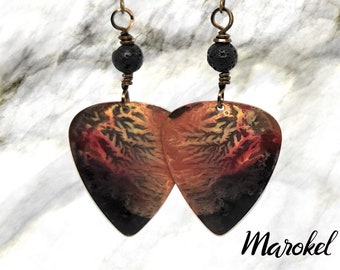 Hand Painted Brass Guitar Pick Earrings Flame Inspired