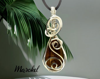 Tiger Eye Teardrop Necklace Square Silver Wire Wrap