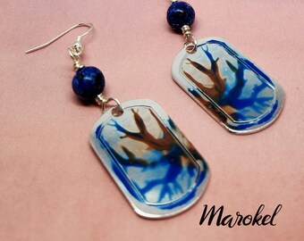 Lapis Earrings Handpainted Silver Tag Lapis Bead