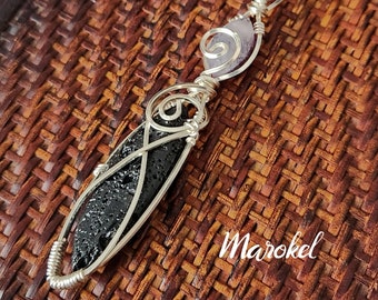 Lava Rock and Amethyst Pendant Silver Wire Wrapped