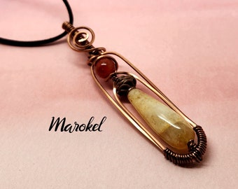 Citrine and Carnelian Pendant Copper Wire Wrap Necklace