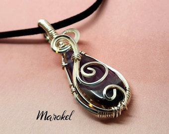 Small Amethyst Teardrop Stone Necklace Silver Wire Wrapped