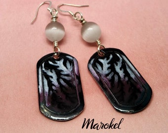 Ombre Hand Painted Dog Tag Earrings Black silver Purple