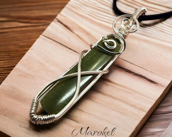 Olive Jade Pendant Square Silver Wire Wrapped