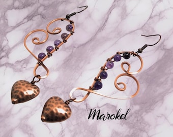 Hammered Copper Heart Earrings Dangle Wire Wrapped Textured Amethyst