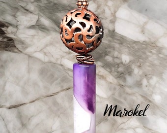 Amethyst Gemstone Necklace Cylinder Shape Copper Filigree Bead