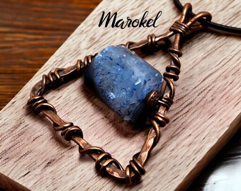 Blue Agate Copper Wire Triangle Wrapped Necklace