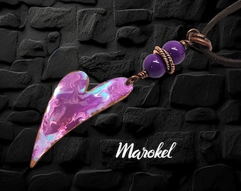 Hand Painted Copper Heart Necklace Purple Pyschedelic