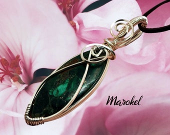 Malachite and Pyrite Marquise Stone Necklace Silver Wire Wrap