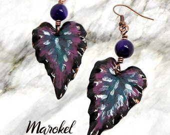 Hand Painted Copper Leaf Earrings Purple Agate Black