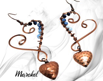 Hammered Copper Heart Earrings Dangle Wire Wrapped Textured Blue Ombre