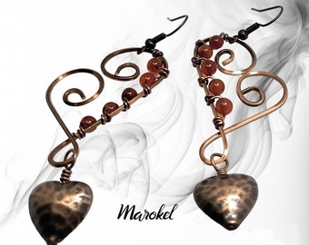 Hammered Copper Heart Earrings Dangle Wire Wrapped Textured Carnelian