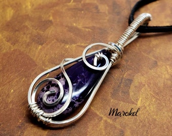 Purple Impression Jasper Teardrop Necklace Silver Wire Wrap