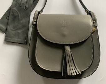 Gray Leather Crossbody Handbag with Adjustable Strap