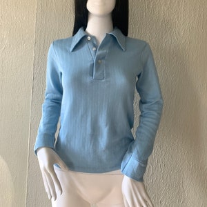 Hellblaues Vintage Geripptes Polyester Kragen Damen Poloshirt