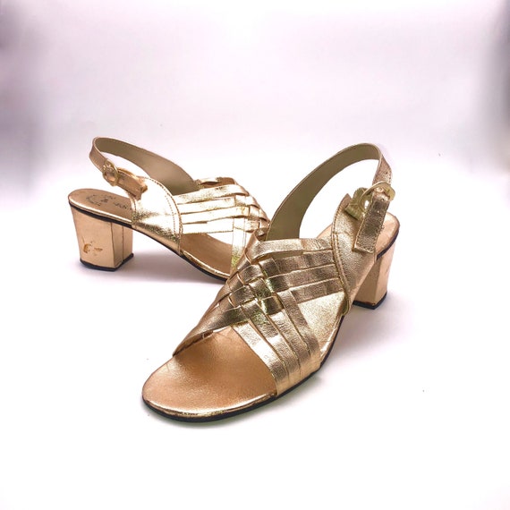 Gold faux leather block heel sandals sz. 9.5