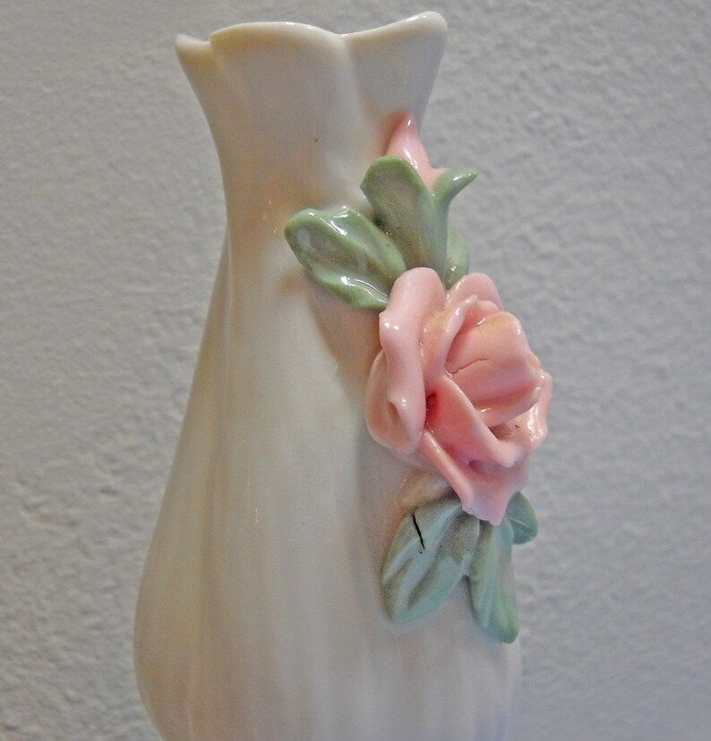 Vintage small white ceramic bud vase pink rose design Etsy