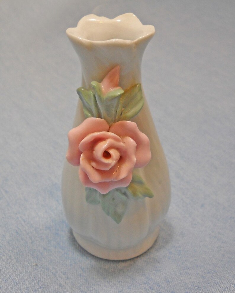 Vintage small white ceramic bud vase pink rose design Etsy
