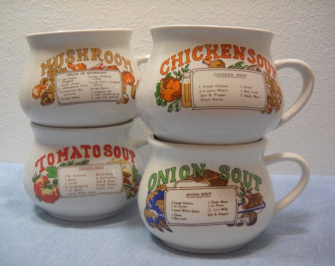 Vintage Set of 4 Recipe Soup Mugs Chicken, Tomoto, Onion and Mushroom Recipes Etsy