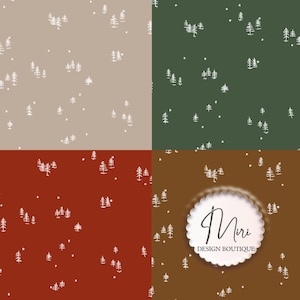 May include: A four-panel design featuring a repeating pattern of white trees and dots on various colored backgrounds. The colors include tan, dark green, red, and brown. The brown panel has a white scalloped circle with the text "Miri DESIGN BOUTIQUE".