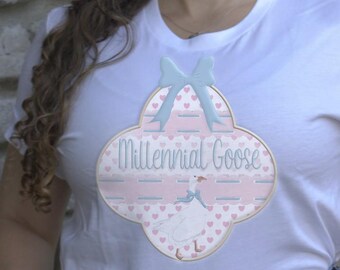 Millennial Goose PNG: Gold Clover Frame, Blue Bow (Sublimation / DTF Design) Commercial Use