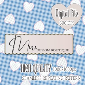 May include: Digital file with a seamless repeating pattern. The design features white hearts with pink outlines scattered across a blue and white gingham background. The image includes the text "Miri Design Boutique" and "High Quality".