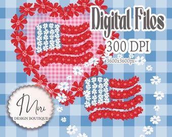 Fourth of July American Flag USA Gingham Floral Daisy Red Flower Heart Bundle DTF Sublimation Transfer T Shirt Mug Tumbler Digital Design