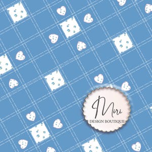 Puede incluir: Un diseño azul y blanco con cuadrados con estampados florales y formas de corazón. El diseño incluye una cuadrícula de líneas discontinuas blancas. Un logotipo circular con el texto "Miri DESIGN BOUTIQUE" está en la esquina inferior derecha.