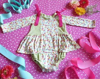 Handmade Baby Toddler Ruffle Bubble Romper Peplum Outfit 18-24 months Floral DBP and Spring Green Cotton Pointelle soft sensory friendly