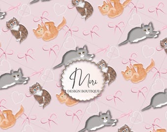 Kitten Pink Bows Pearl Hearts Fabric Print: Quilted Stitch Design (Digital Download) Commercial Use