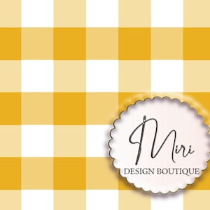 Może przedstawiać: Żółto-białe tło w kratę z logo z falistą krawędzią z napisem "Miri DESIGN BOUTIQUE" czarnym pismem. Tło to klasyczny wzór w kratę, idealny do różnych projektów rzemieślniczych.