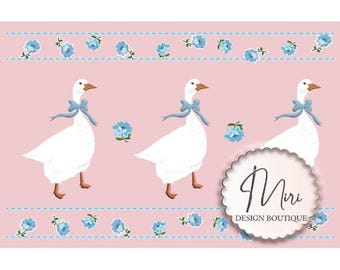 Geese with Blue Bow Floral Border PNG Vintage Fabric Printing Design (Digital Download) Commercial Use