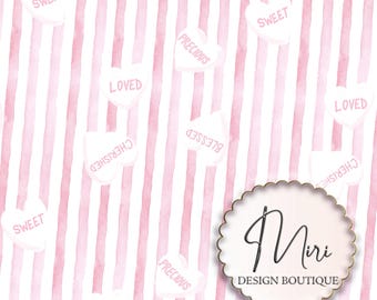Custom Affirmations Pink Stripe White Conversation Hearts Fabric Print Hand Drawn Seamless Design (Digital Download) Commercial Use